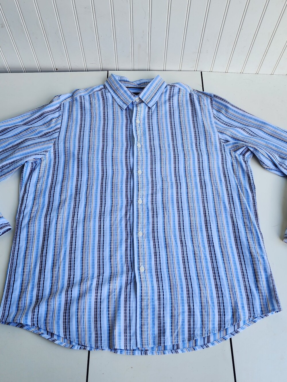 Tasso Elba Shirt Men's Blue Multi Stripe Long Sleeve Button Up Casual Cotton L